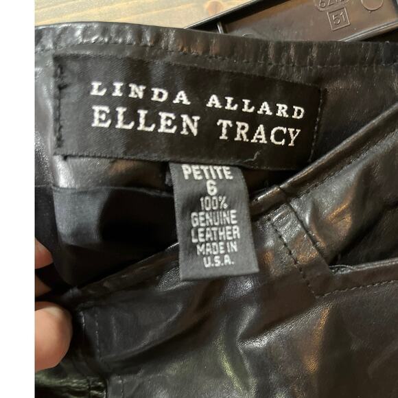 VTG Linda Allard Ellen Tracy Genuine Leather Mini Skirt Black Front Slit Size 6P - Picture 4 of 8